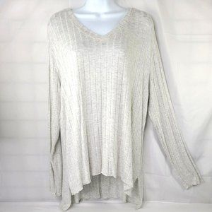 Mote Ivory Gray Stretch Ribbed Top High Low Long Sleeve Tunic Thin Knit Sz LG